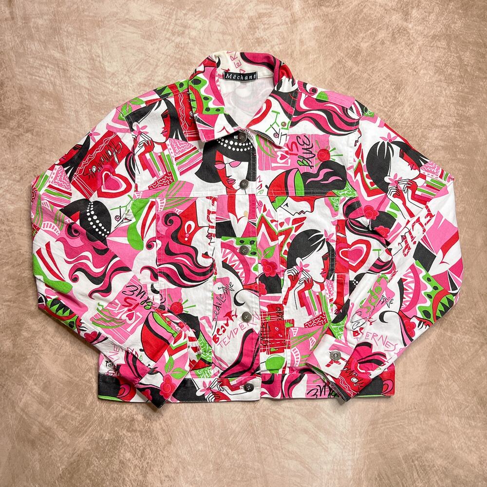 Vintage Y2K Mechant Graphic Print Euro Jacket Women Love is Multicolor Pop Art
